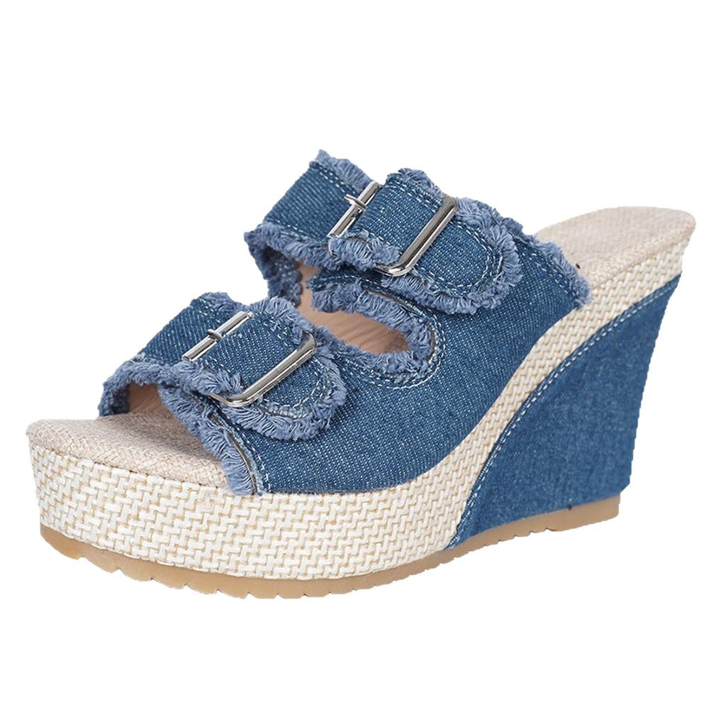 Jeans Patchwork Sandals Women'S Shoes Thick Soled Wedge Heeled Sandal Fashion Casual Fish Mouth Cloth High Heeled Sandalias
