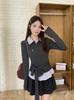 Plus Size Women's Polo Collar Long Sleeve Patchwork T-shirt with Tie-up Waist