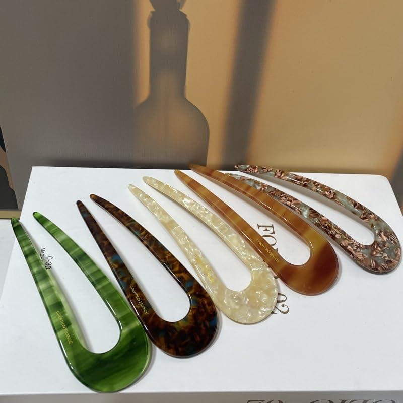 NAKANOYA Hair Fork, Cellulose Acetate U-Shaped Hairpin, Marble Pattern, Gemstone-Inspired, Large Size, Lightweight, Glossy Finish, Vintage, Retro,