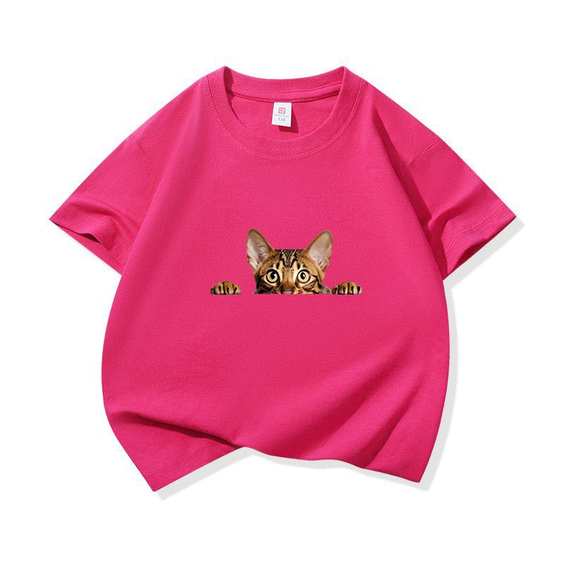 Kids Cotton T Shirt Peeking Bengal Cat Print Crew Neck Short Sleeve Tee Casual Breathable Boys Girls Summer Tops