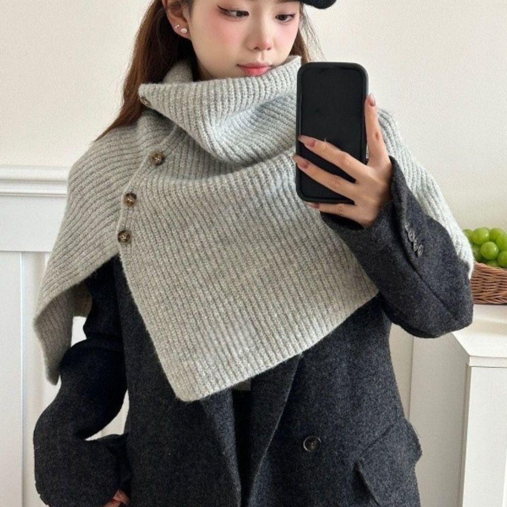 Button High Neck Scarf Thicken Women Winter Shawl Simple Scarves Knitwear  Girl