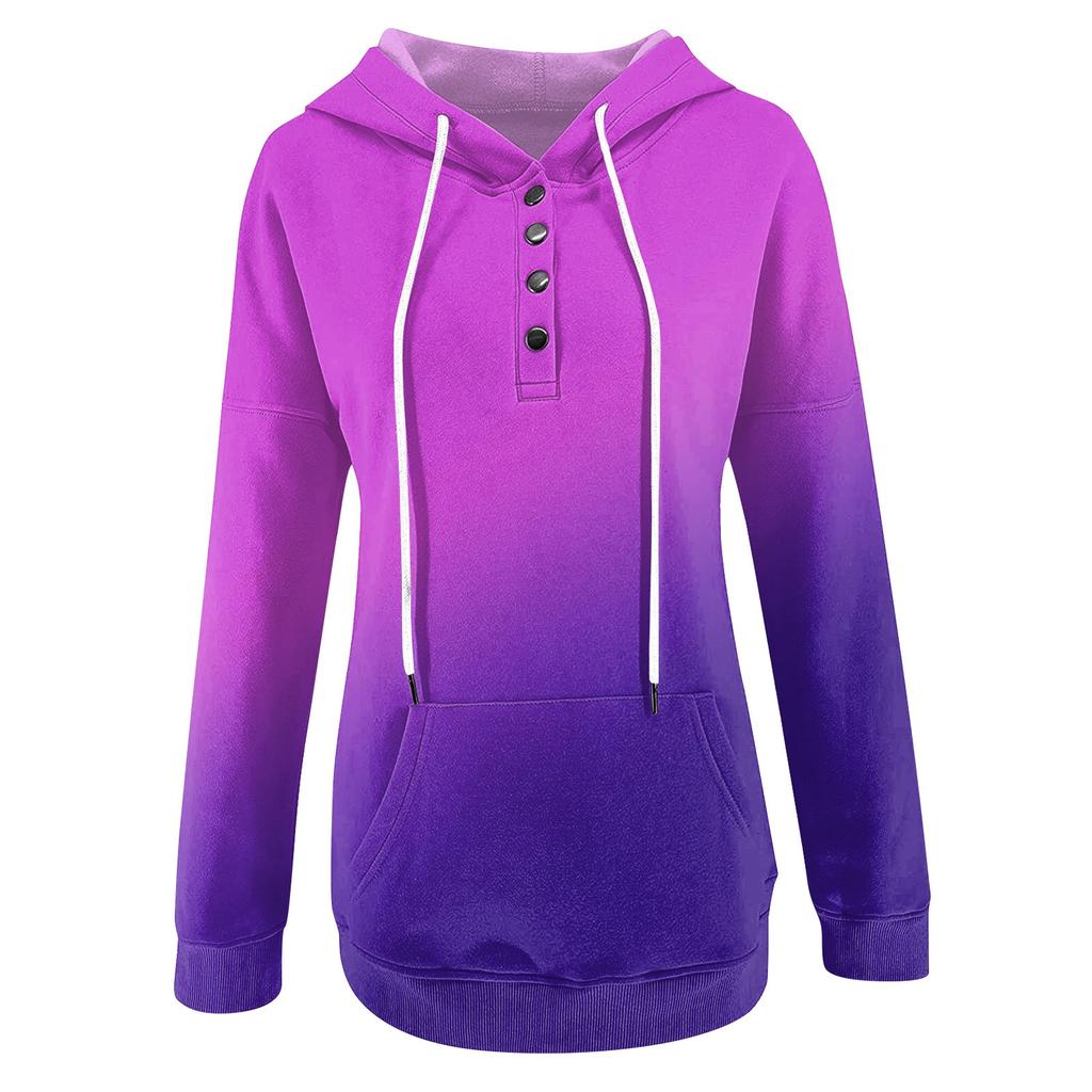 Dámská ležérní móda Vintage potisk mikiny s dlouhým rukávem, knoflíky, mikiny s kapucí