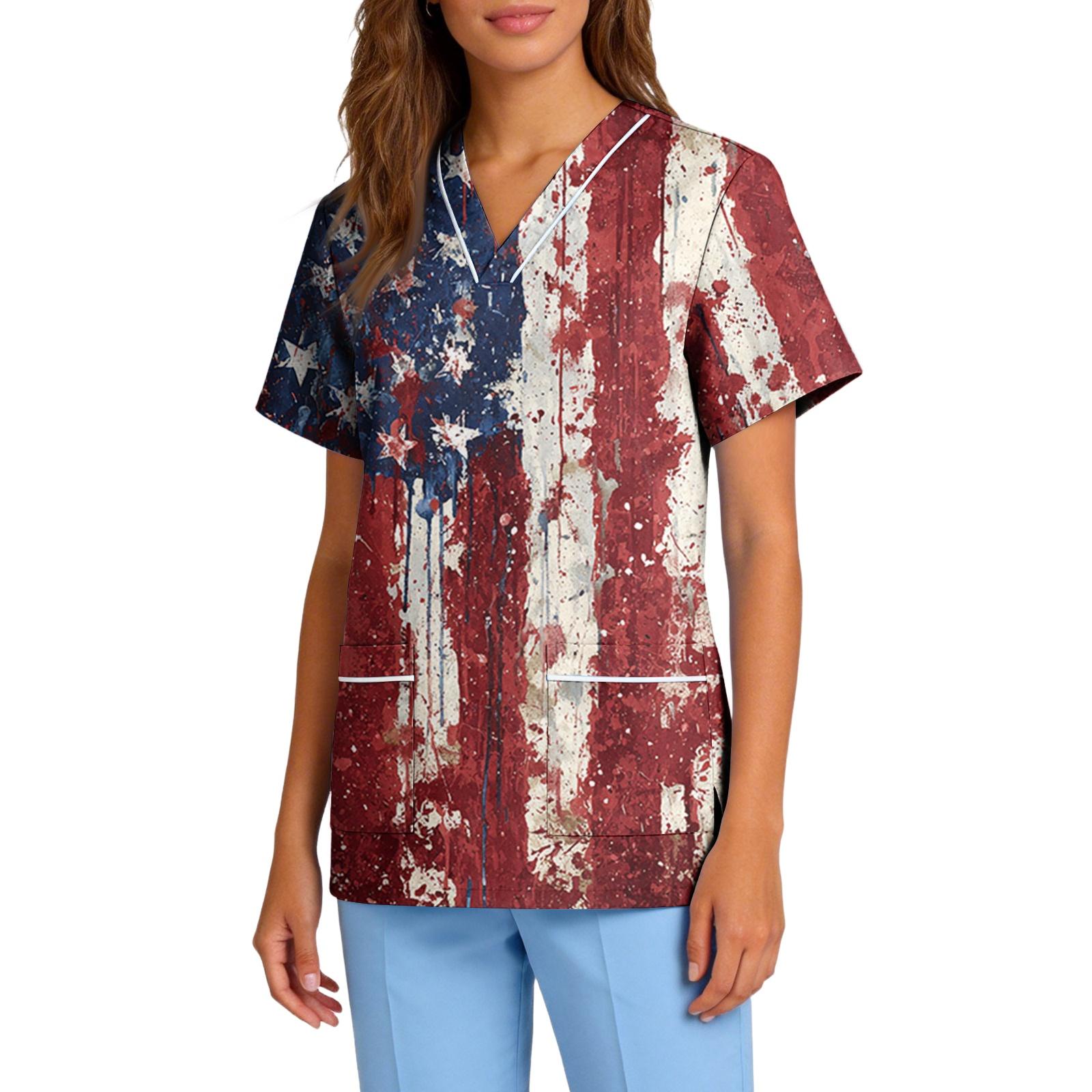 

Women s V-Neck Short Sleeve Work Top, Stretch Quick-Dry with Festive Print and Pockets S