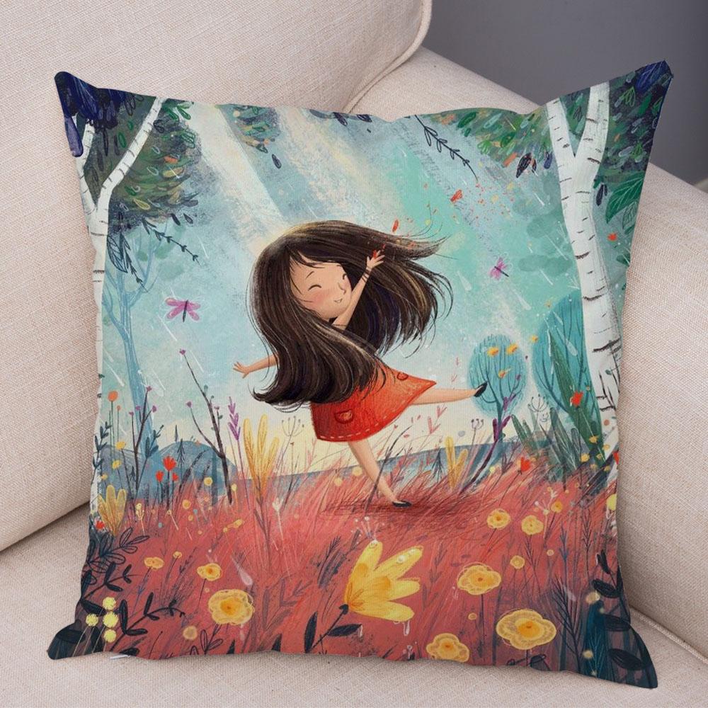 Super Soft Plush Pillow Case for Sofa Home Watercolor Cartoon Girl Cushion Cover Decor Fairy Tale World Lovely Child Pillowcase