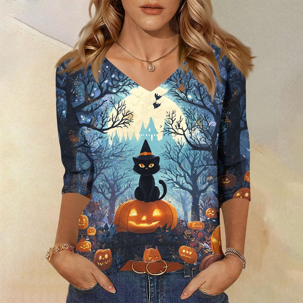 Womens Casual Halloween Print V Neck Three Quarter Sleeve Top Lightweight Soft Fabric Relaxed Fit Pullover Shirt