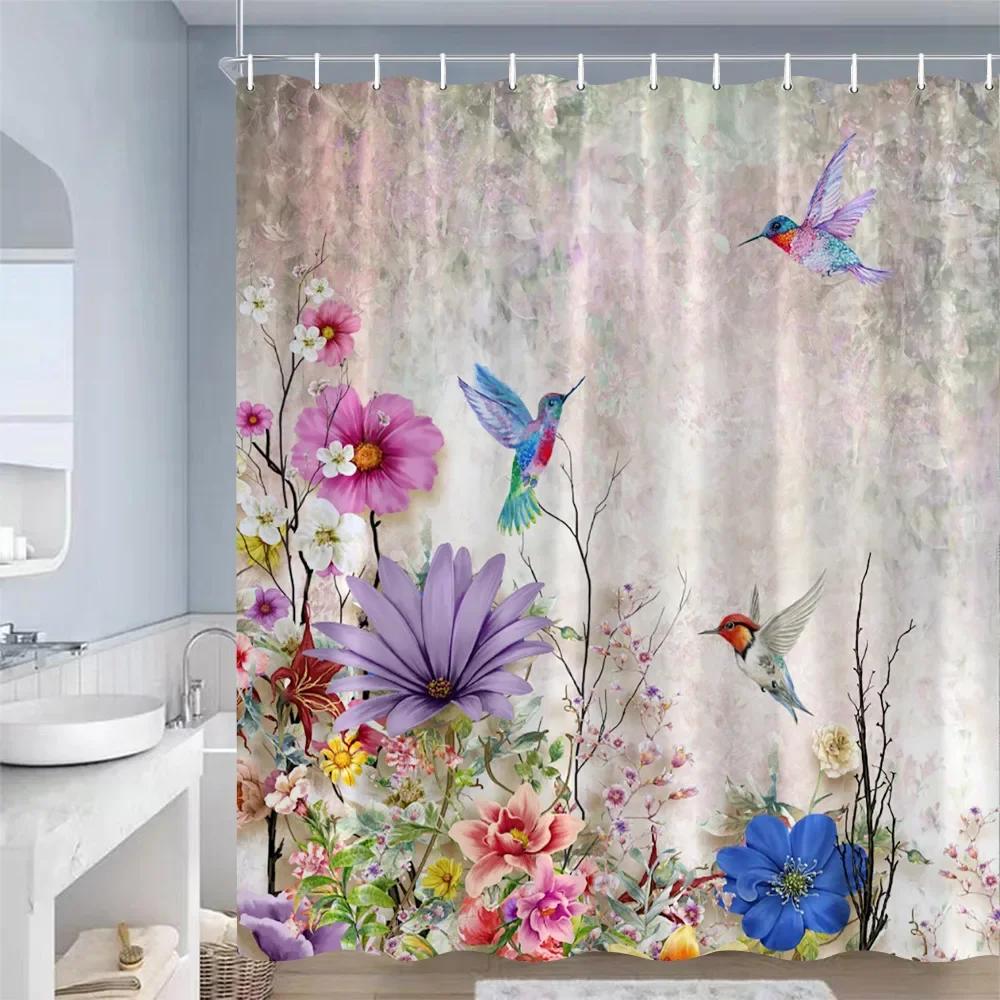 Butterfly Flowers Shower Curtains Pink Purple Blue Watercolour Floral Plants Vintage Art Modern Fabric Bathroom Decor with Hooks
