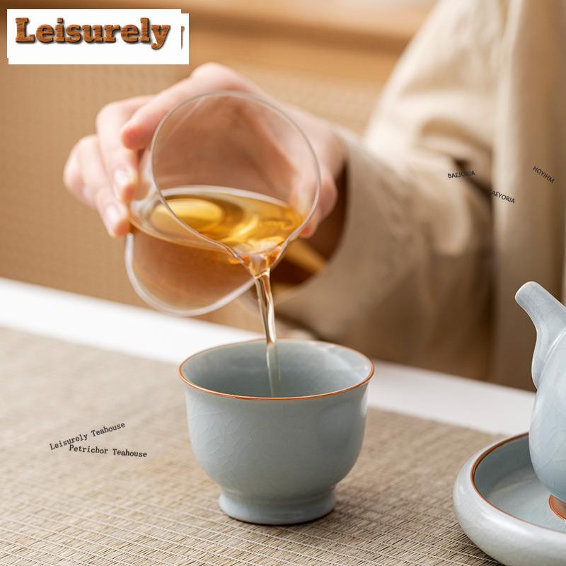 HOYIHM Chinese Ru Kiln Porcelain Teacup Ice Cracked Glaze Tea Bowl Travel Meditation Tea Cup Customized Copper Cash Tea Set Gift