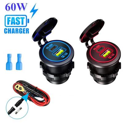 60W PD and QC3.0 Car Charger 12V/24V Outlet Laptop Charger USB C PD QC3.0 Car Port Socket Waterproof For RV Car Boat Motorcycle