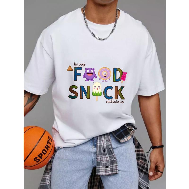 Cotton T Shirt White Happy Food Snack Delicious Cartoon Characters and Text Design for Casual Wear