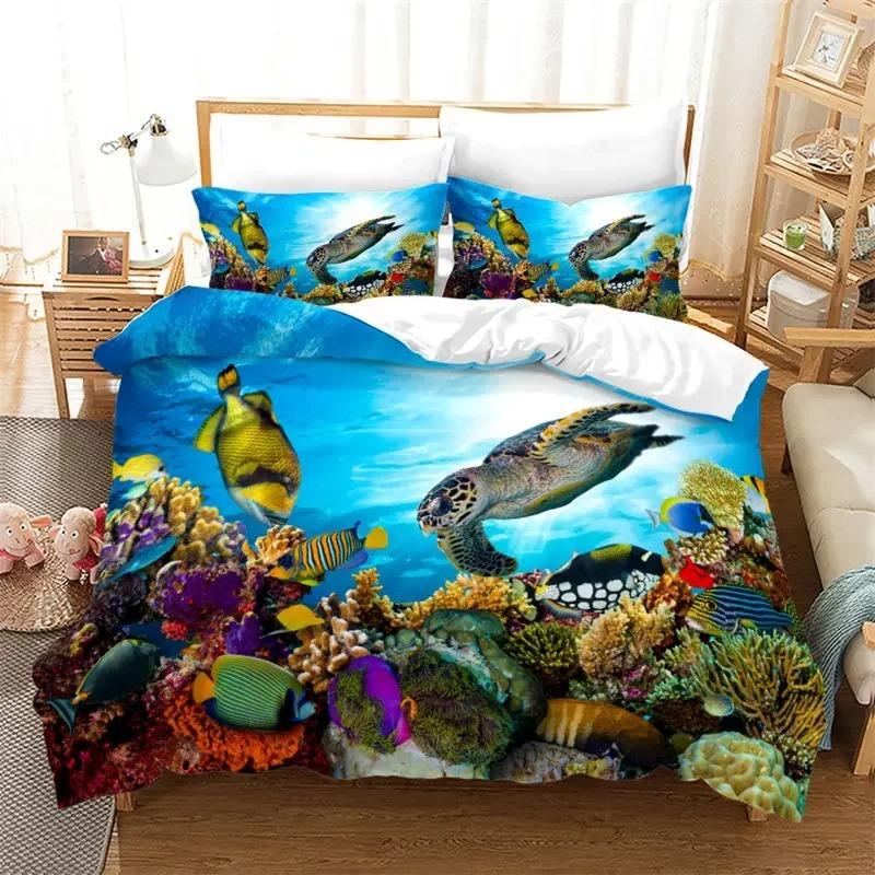 Kids Cartoon Ocean Fish Duvet Cover Microfiber Marine Theme Bedding Set Sea Underwater World Quilt Cover Queen For Boys Girls