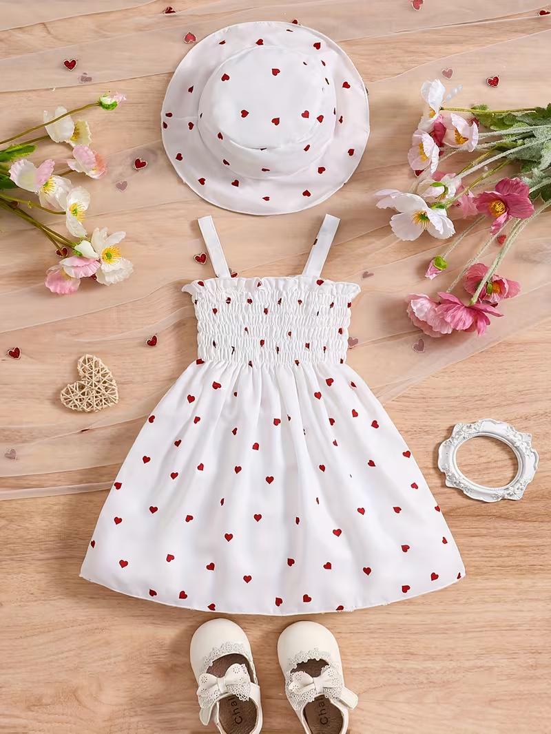 

2Pcs Girls Summer Dress Set 0-3 Years Sleeveless Heart Print Camisole Dress with Hat Baby Princess Outfit Cute Toddler 2-3Y белый