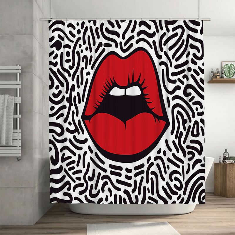 

Hippie Lip Print Shower Curtain Waterproof Bathroom Decor Modern Design Black White Red Pattern 3D Printed Fabric Shampoo Bottle 90x180cm