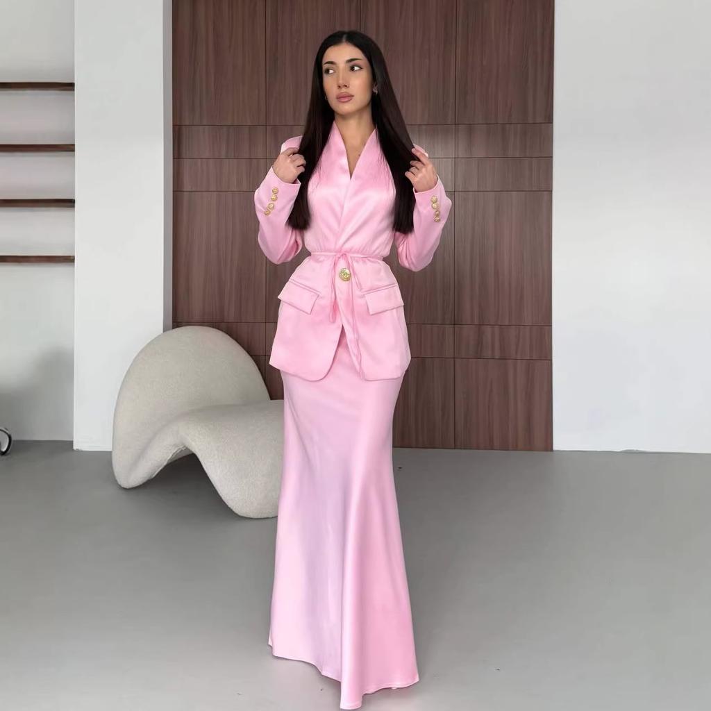 Cross-border European and American Women's Clothing Fashion Temperament Satin Cardigan Long-sleeved Strap-up Straight Suit Long Skirt Set