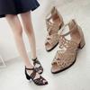 Spring and Summer Middle Heel Fish Mouth Hollow Sandals Women's Zipper Thick Heel Rhinestone Women's Shoes Large Size