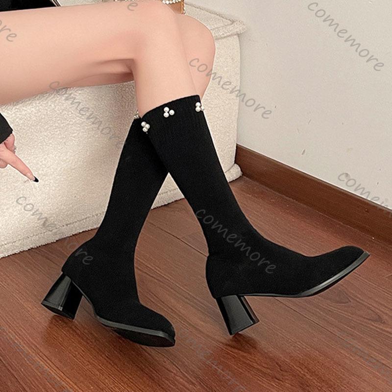 Comemore Versatile Square Head Thick High Heels Sock Boots for Women Spring Autumn Pearl Slip On Mid-calf Botas Female
