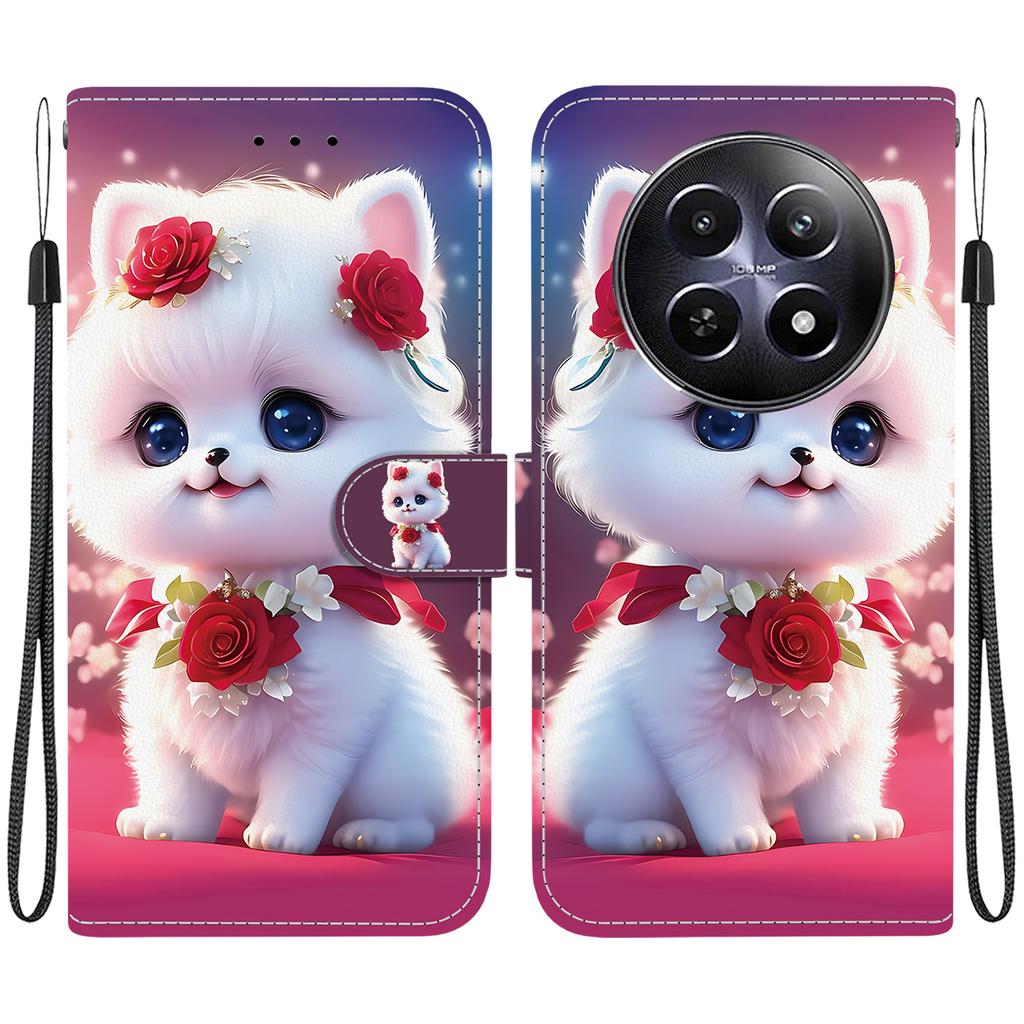 Handmade PU Leather Flip Case for Realme 12 (5G/RMX3999) Anti-Slip Shockproof Cover with Wrist Strap & Heart/Rose Cat Designs