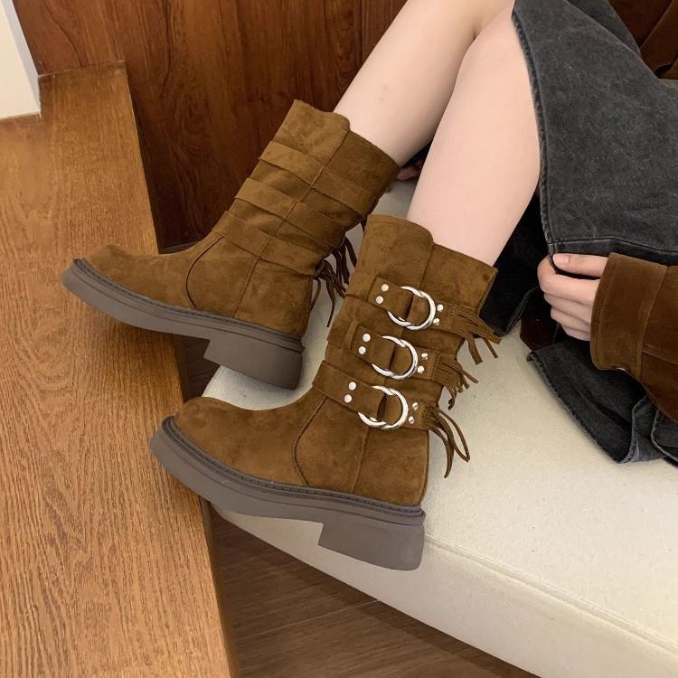 Thick-soled Medium Tube Martin Boots Women's Shoes 2025 New Black British Wind Locomotive Boots Short Boots Spring and Autumn Western Single Boots