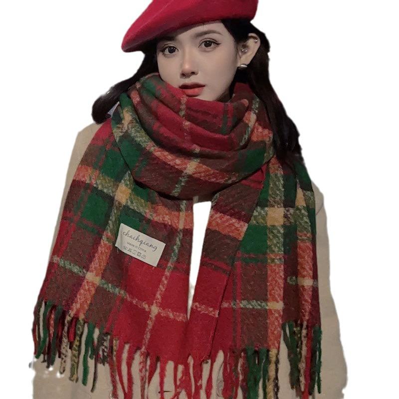 Korean Christmas Red Plaid Knitted Scarf for Women – Retro Tassel Neck Warmer