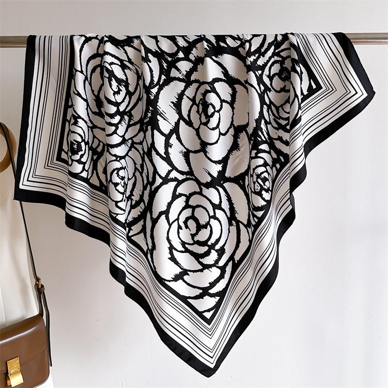 Premium Camellia Scarf Simple Line Shawl Twill Silk Large Square Scarf 91cm Autumn and Winter Travel Sunscreen Headscarf