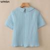 VONDA Summer Women Lapel Neck Solid Color Summer Short Sleeve Texture Casual Blouse Tops