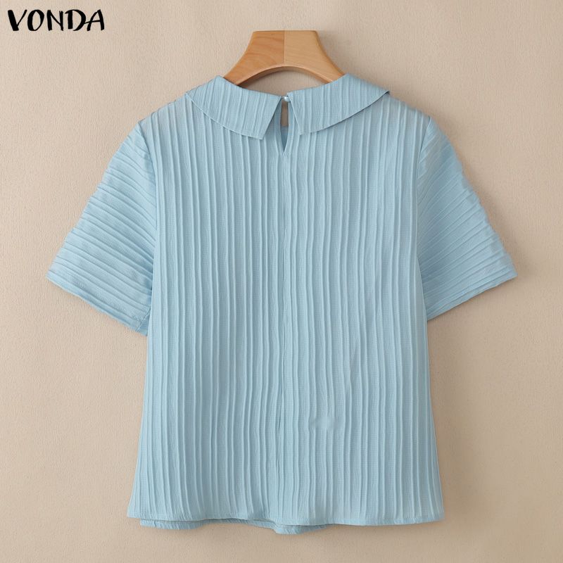 VONDA Summer Women Lapel Neck Solid Color Summer Short Sleeve Texture Casual Blouse Tops