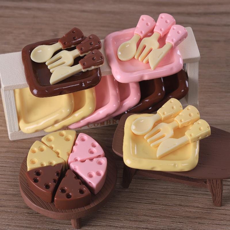 DIY Miniature Cheese Knife & Fork Set with Plate Figurine Keychain Resin Jewelry