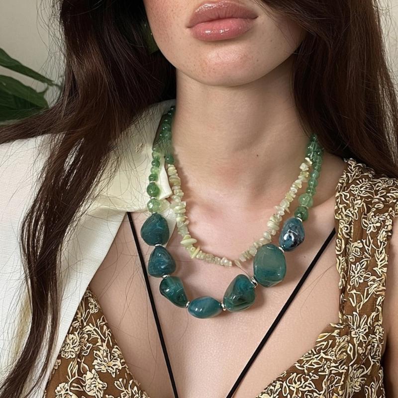 Vintage Geometric Double Layer Necklace Retro Design Acrylic Pendant Necckahin For Women Fashion Jewelry Gift