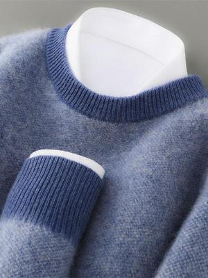 Herren verdickter 100% reiner Woll Pullover mit Farbblöcken und Rundhalsausschnitt - Lässiges lockeres Jacquard-Strick Kaschmir Top