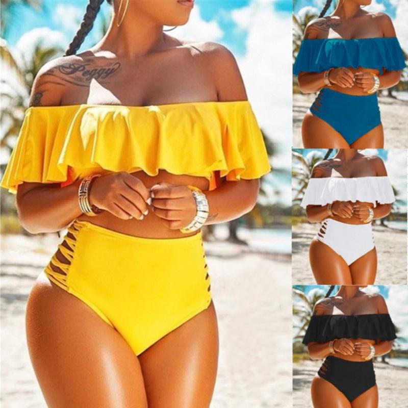 Costume Da Bagno Intero A Due Pezzi Donna Con Volant E Spalle Scoperte – Vita Alta Stampa Floreale, Regiseno Imbottito