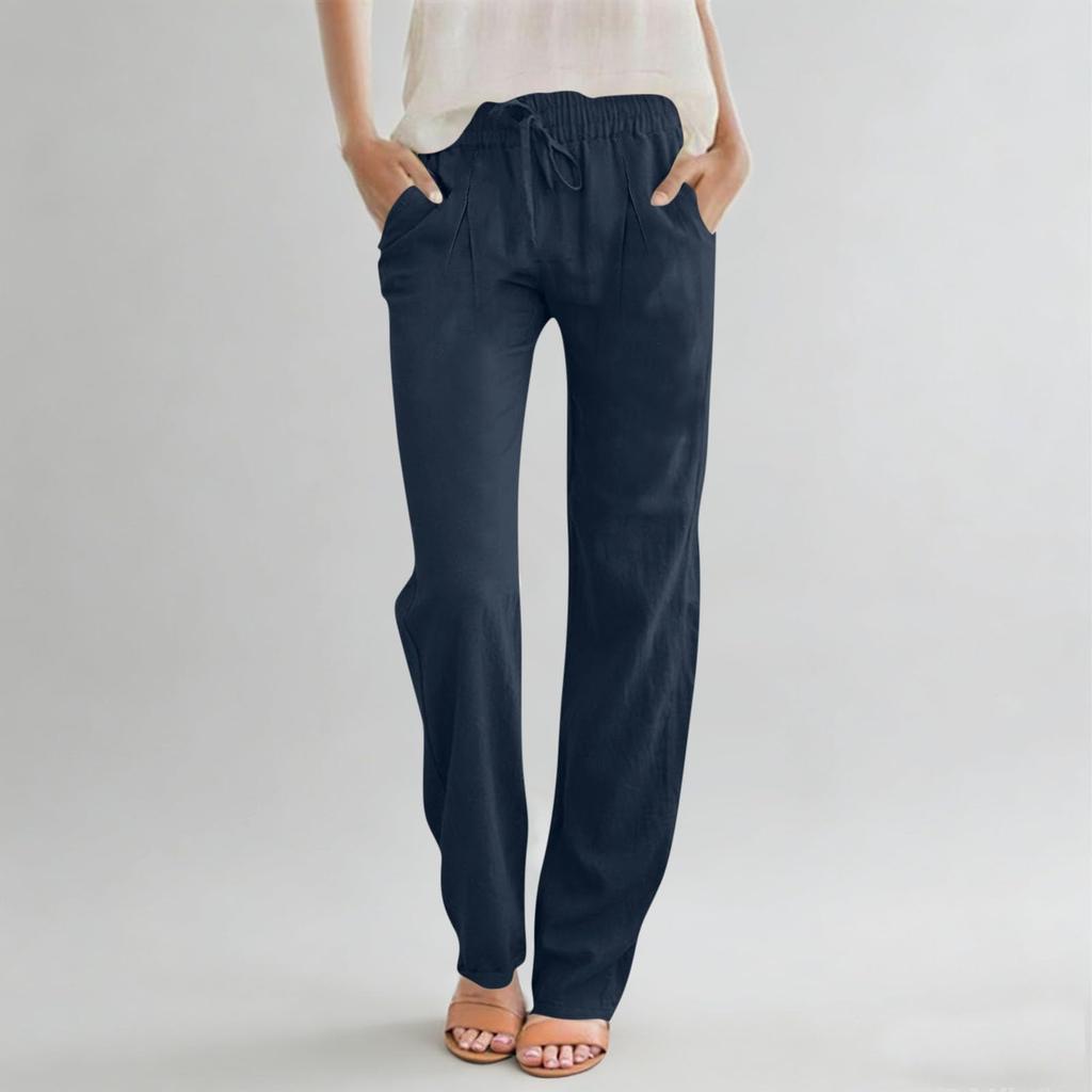 Pantalon décontracté pour femme en coton et lin, droit, à cordon de serrage, taille haute, ample, pantalon de plage avec poche