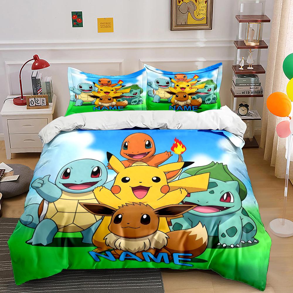 Grosstor Unisex 3Pc Custom Name Pokemon Cartoon Print Bedding Set Duvet Cover 1 Duvet Cover 2 Pillowcases Adult And Children Bedding Set Luxury