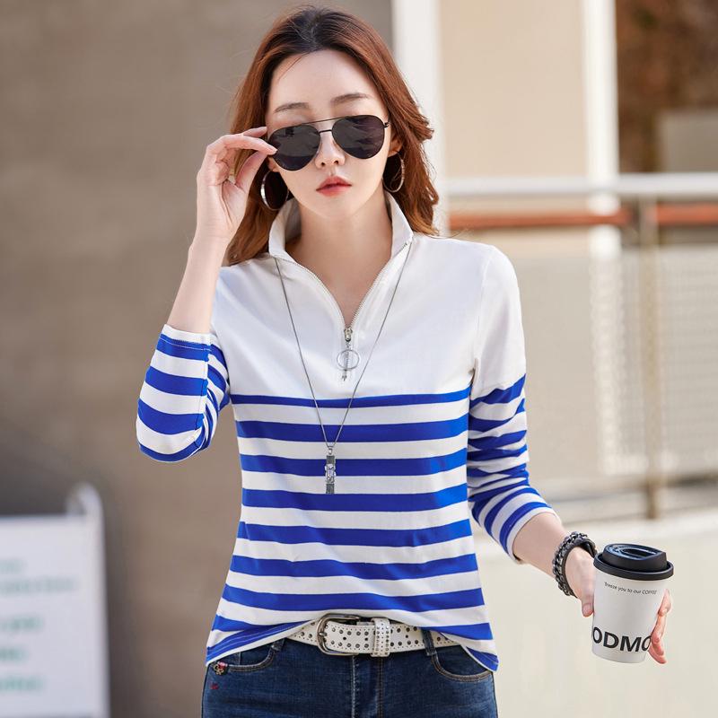 2025 Women s Striped Long-Sleeve Zipper T-Shirt with Stand Collar L