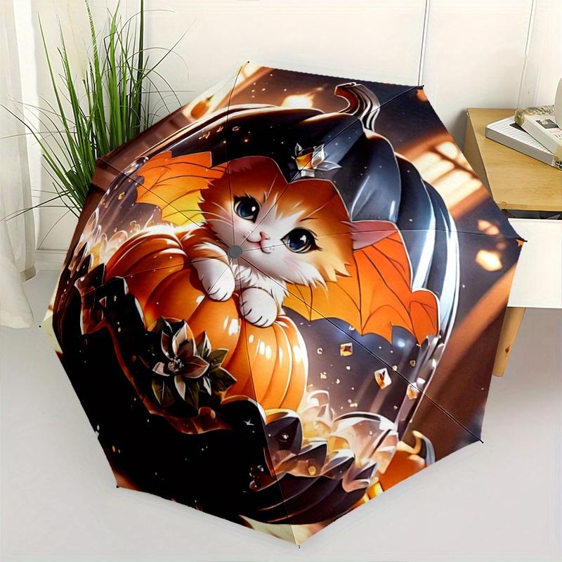 

1pc Orange Cat and Pumpkin Pattern Beautiful Looking Automatic Folding Umbrella, 3 Folding, 8 Iron Frame Design, Durable and Suitable for Travel