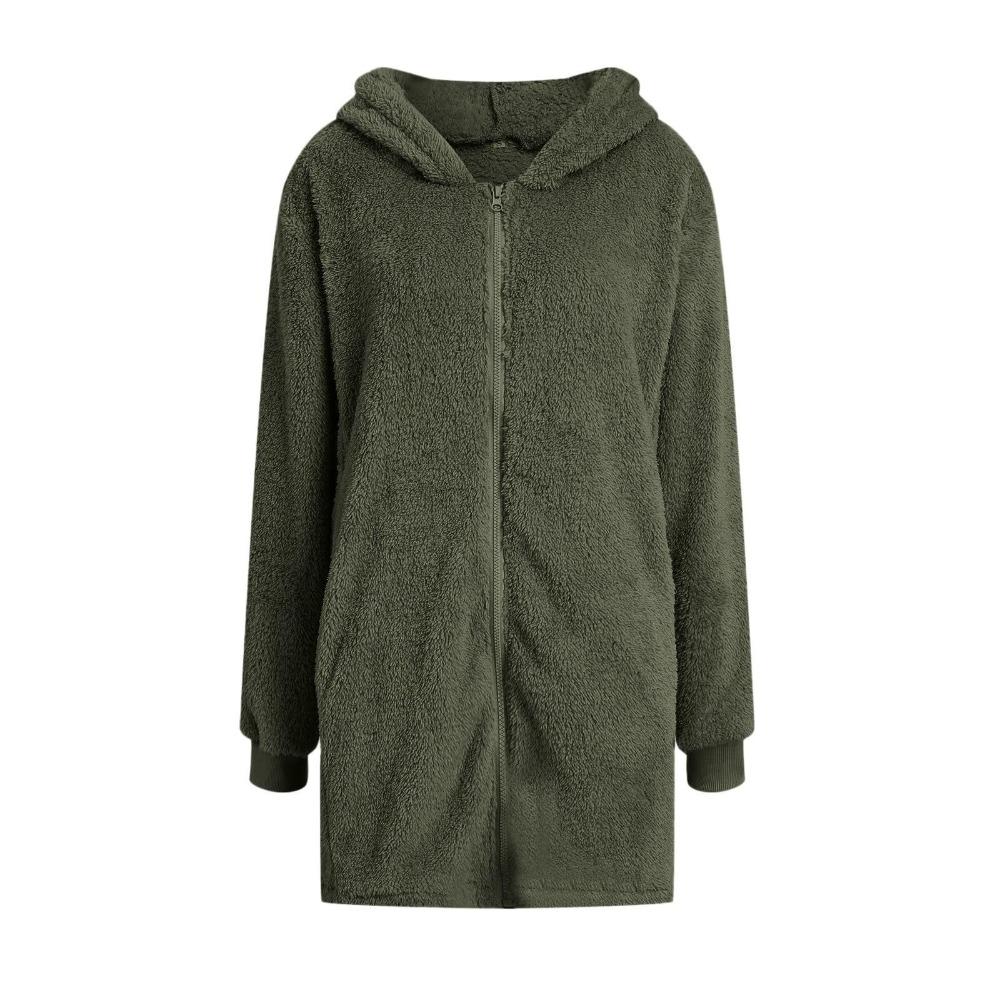 Damen Plüsch Reißverschluss Jacke Mit Kapuze Locker Langarm Pelzig Strickjacke Winter