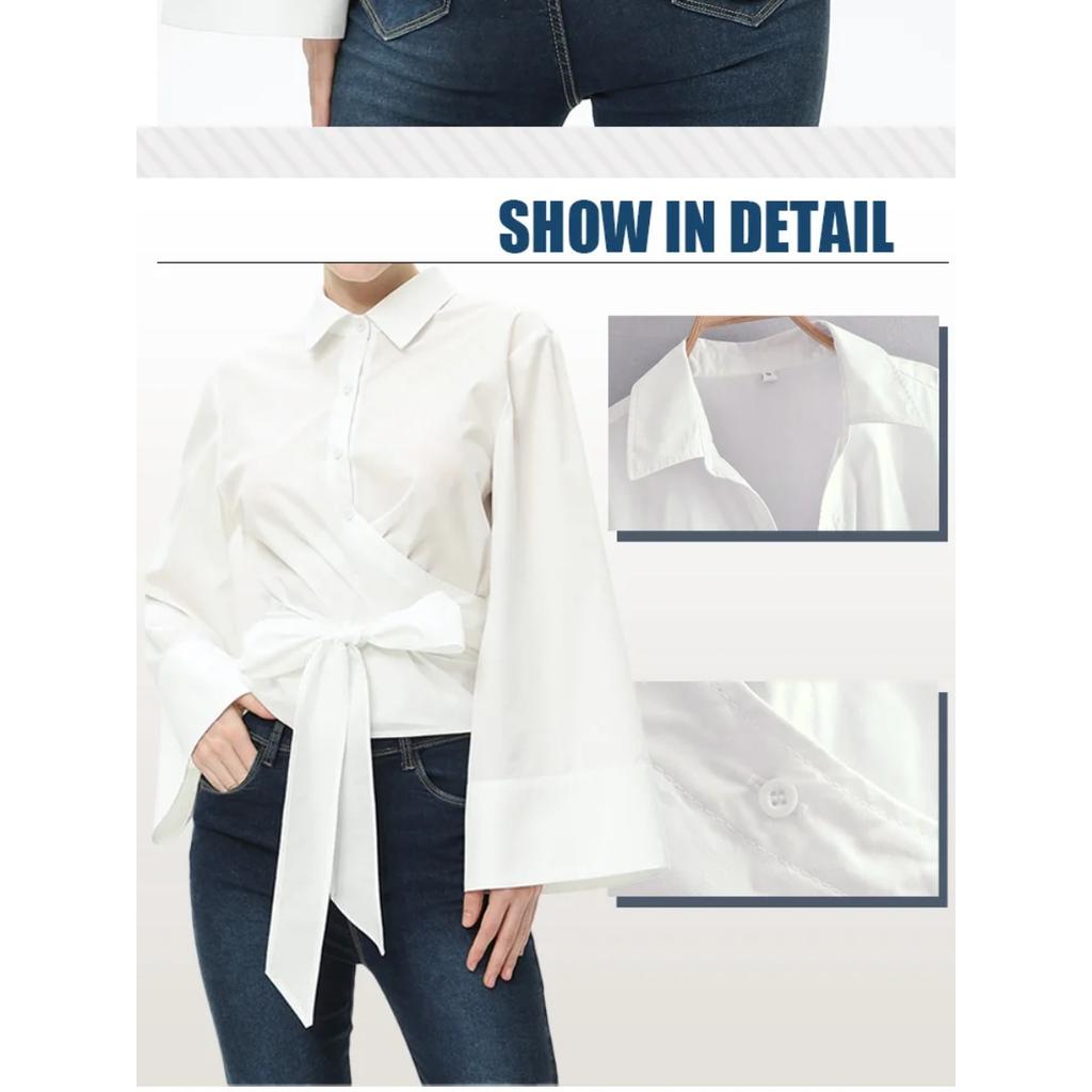 New Women's Fashion Casual Polo Neck Bow Tie Up Short Edition Double Breasted Poplin Shirt