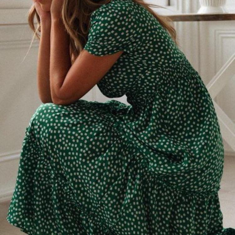 Women Flowy A-line Midi Dress Small Flower Print Patchwork Square Neck Short Bubble Sleeves Pleated Shirring Dating Vacation Dress