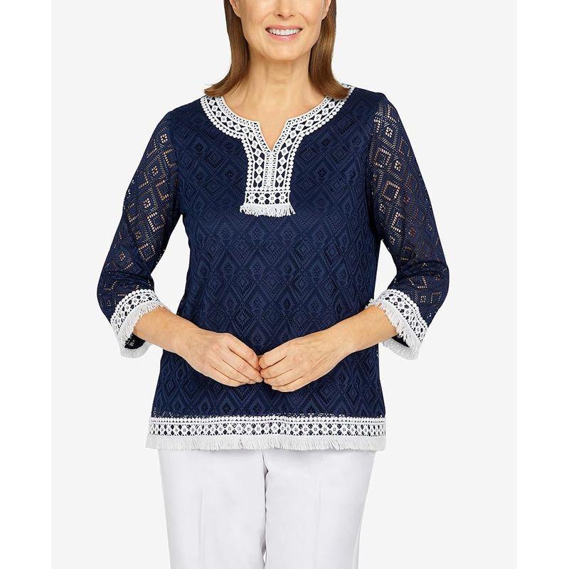 

Sunshine House Summer and Autumn New Export European and American plus Size Women s Clothes Lace Patchwork Three-Quarter Sleeve Chiffon Shirt Dark Blue PM: Bust size 102