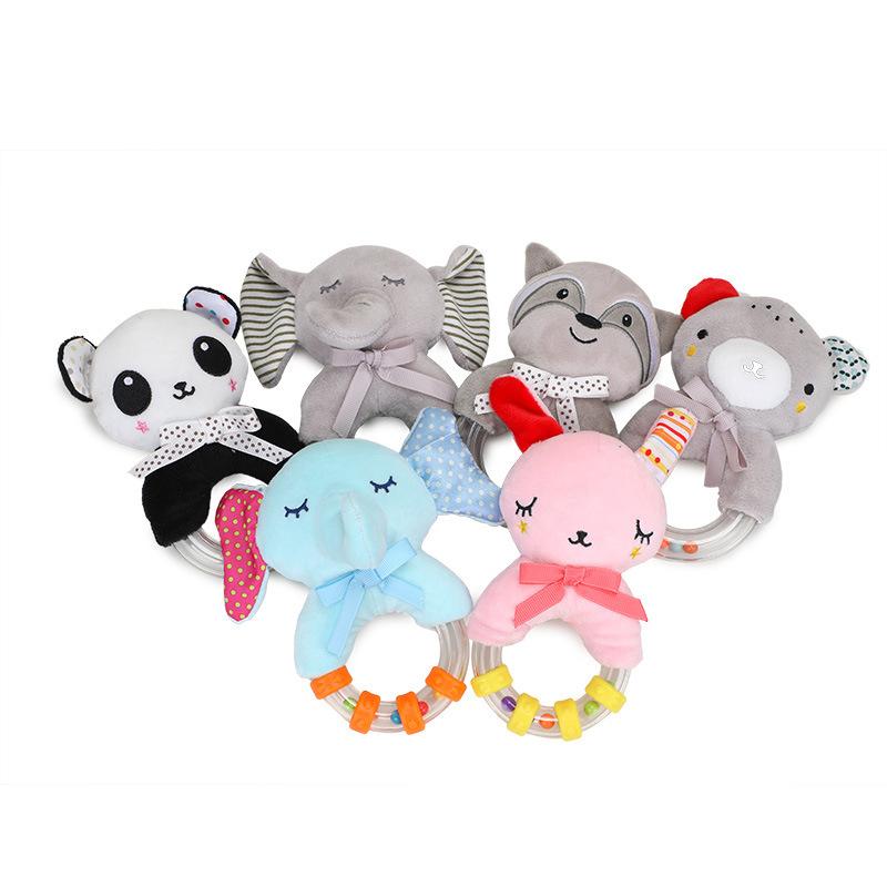 Baby Soothing Cartoon Animal Hand cranked Bell Plush Doll Color Bead Hand held Bell 0-1 Year Old Grip Handshake Ring Toy