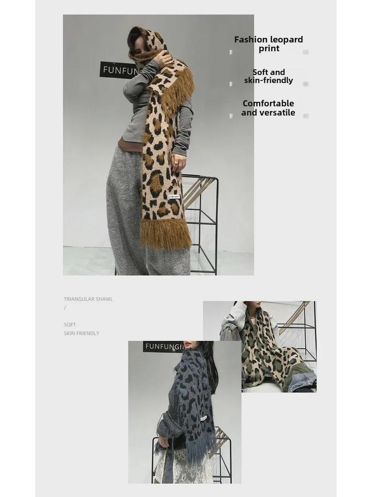 Women's Leopard Wool Scarf - High-Grade Cashmere Shawl, Korean Style, Tassel, Thick and Warm for Autumn and Winter.