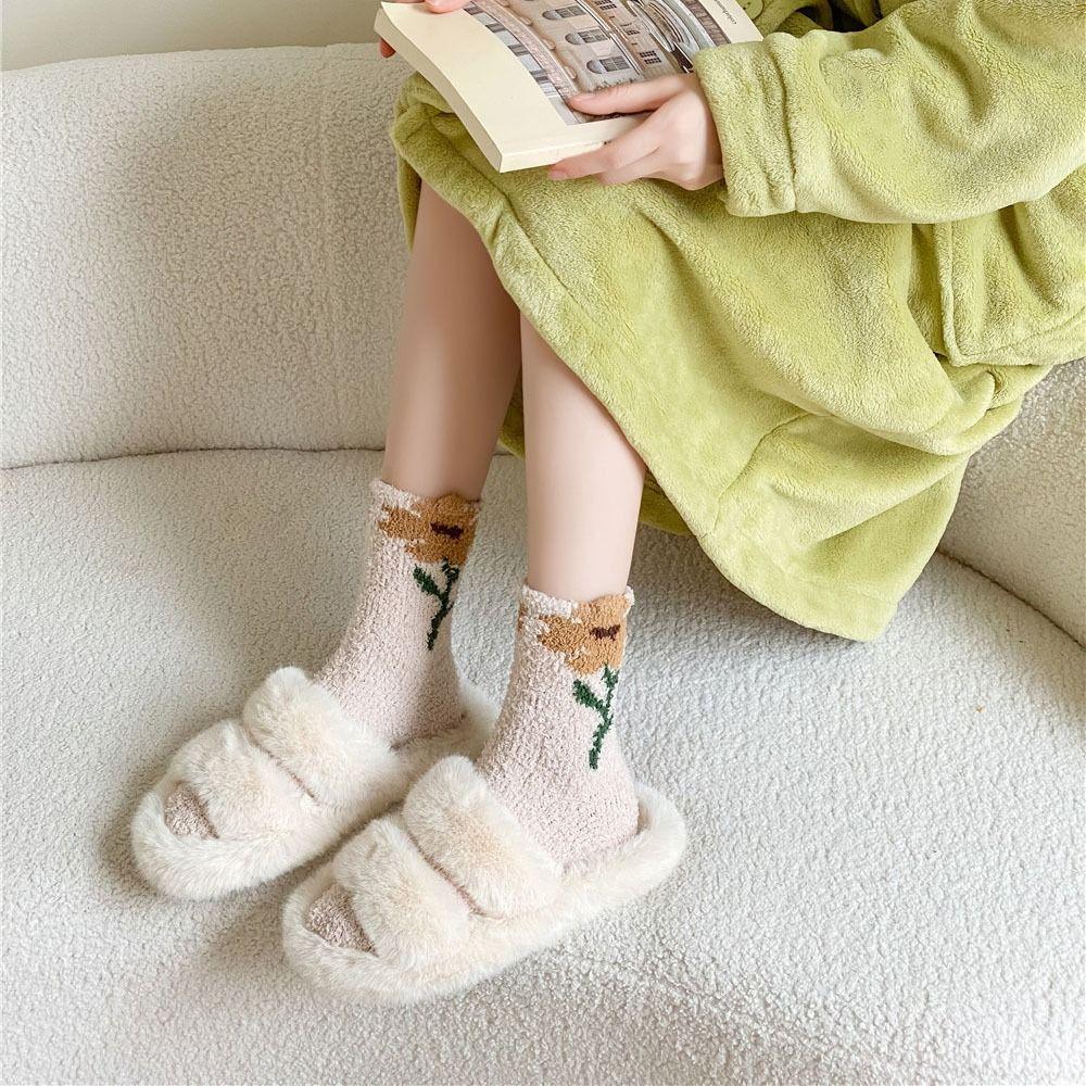 6Pairs Winter Floor Plush Socks Flower Warm Socks Women Comfortable Coral Fleece Socks  Autumn