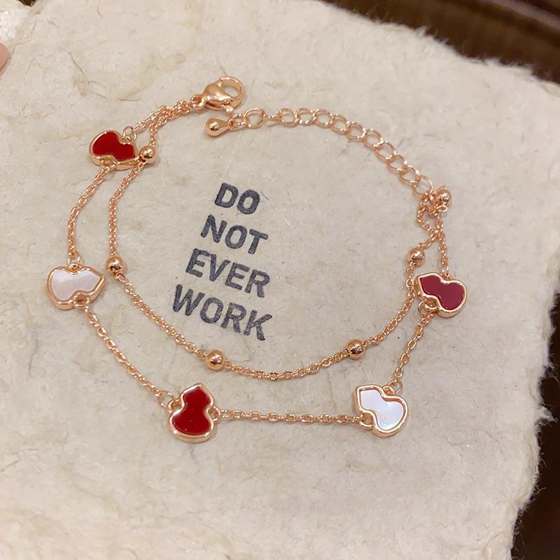 Mother-of-Pearl Double-Layer Gourd Pendant Bracelet - Chic Chinese Style Luxurious Hand Jewelry