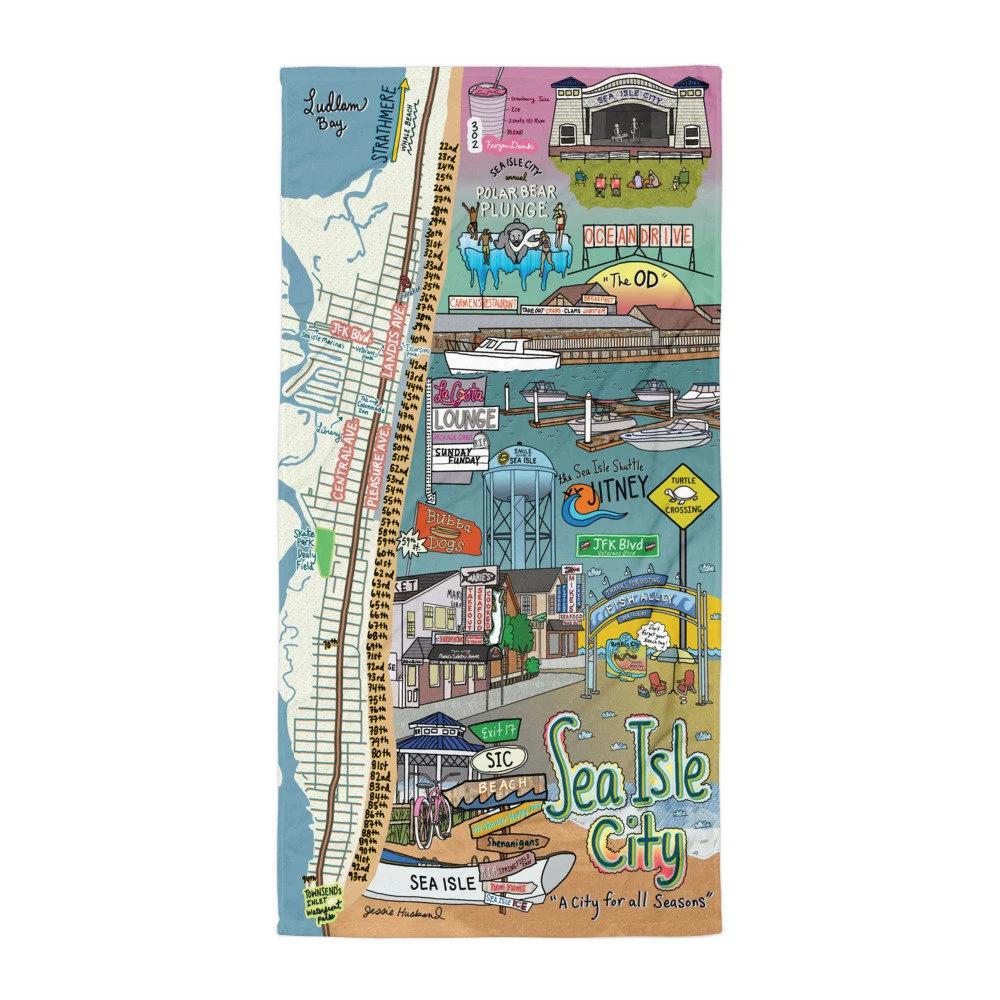 1PC Sea Isle City New Jersey Map Art Beach Towel Soft Absorbent Travel Vacation Souvenir Gift W30*H60(CM)
