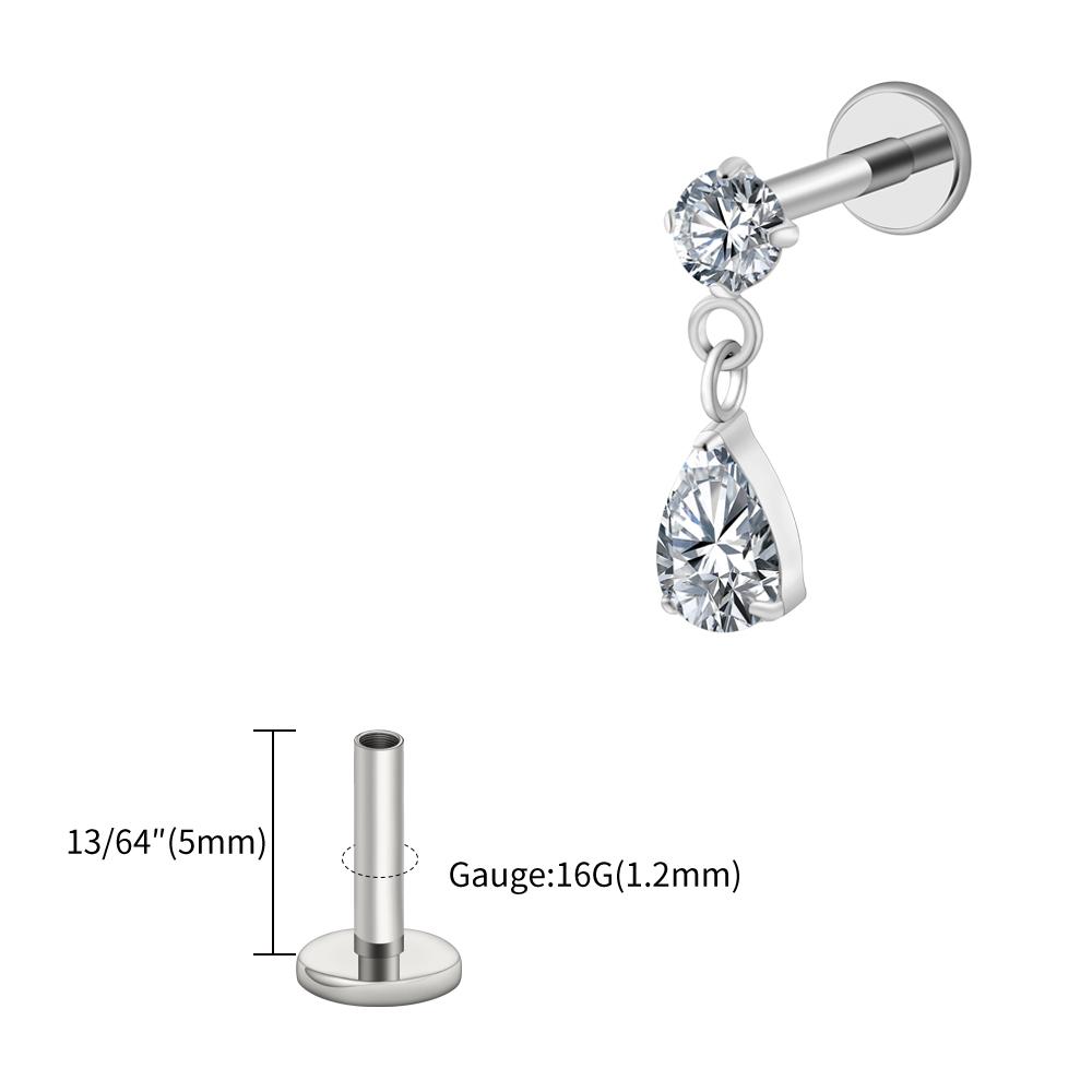 Right Grand ASTM F136 Titanium 16G Teardrop Dangle CZ Labret Stud Waterdrop Tragus Cartilage Earring Flatback Helix Piercing
