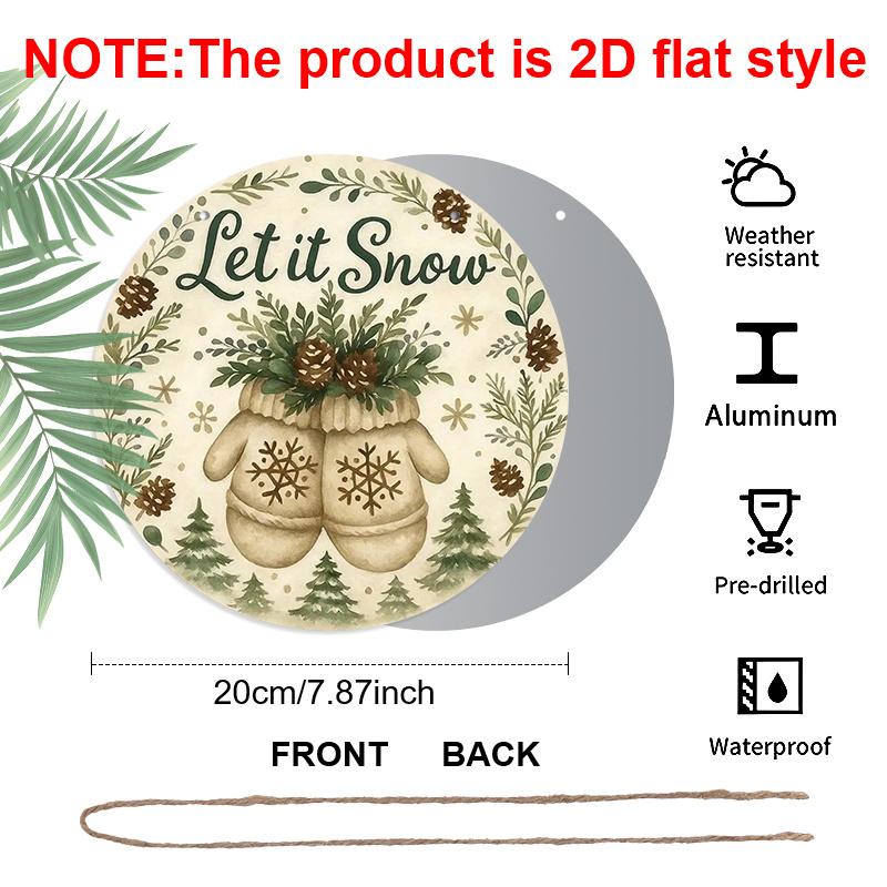 2D Flat, 1pc Winter Snowflake and Pine Tree Aluminum Wall Decor - Let It Snow Sign, Soft Green, Beige, Brown & Other Colors - Pre-Drilled Holes