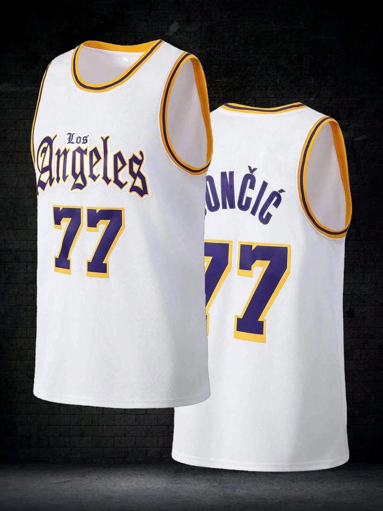 Retro Doncic 77 LA Style Basketball Jersey Purple Number Print Sports Uniform Casual 3d Printed Vest Kids and Men Women