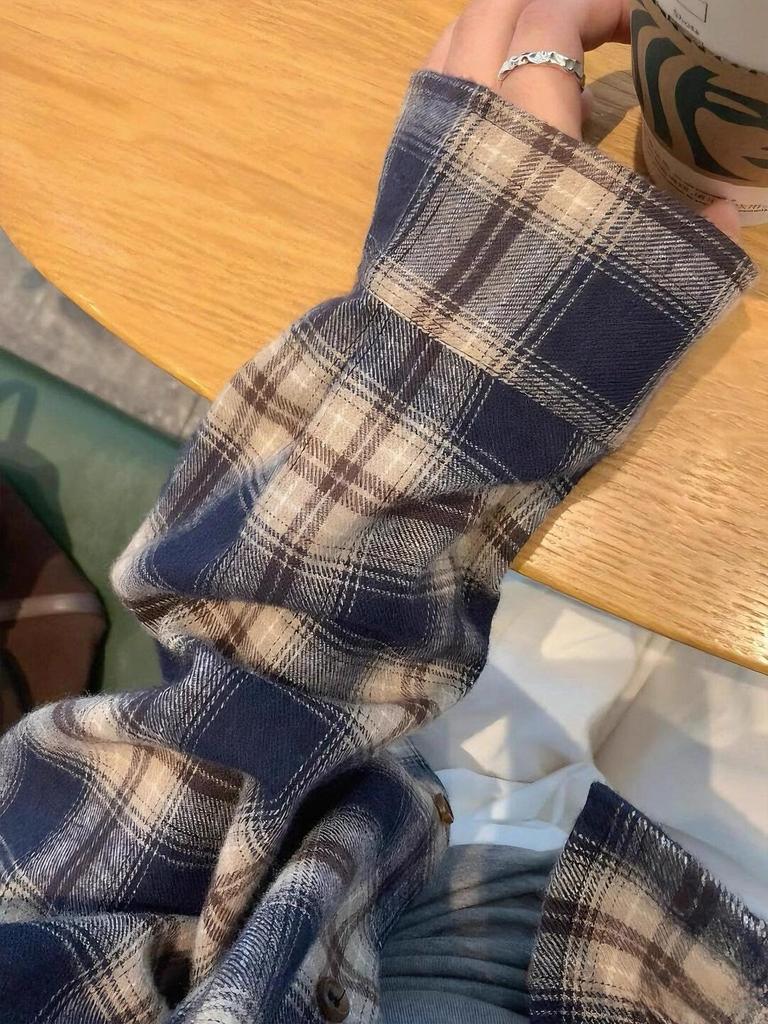 Women's Korean Retro Plaid Shirt Jacket - Dark Blue, Long Sleeve, Loose Fit for Autumn/Winter