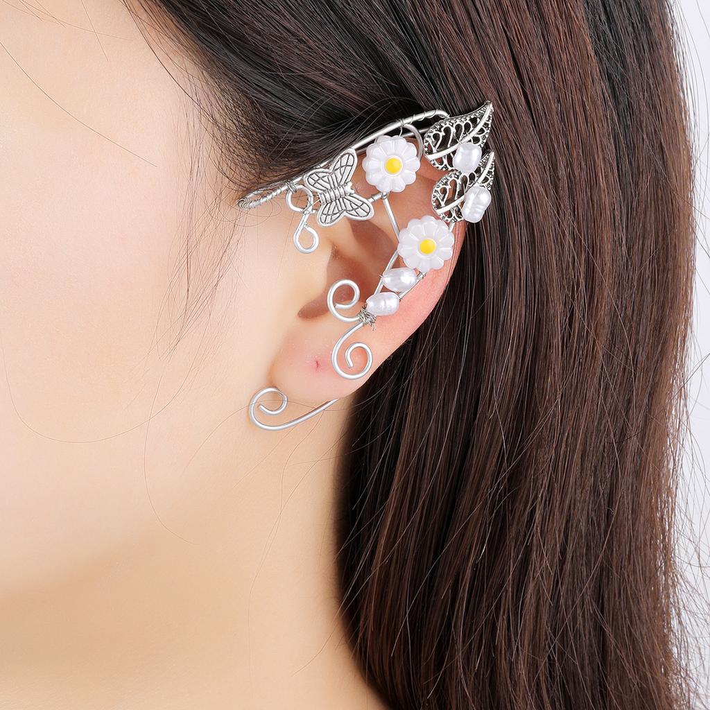 Earrings Retro Earless Flower Ear Bone Clip Rose Branch Elf Fringed Ear Hanging Ear Clip