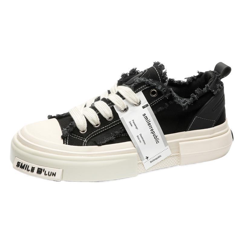 Herren Schwarze Sommer Canvas Plateau Sneaker: Atmungsaktive, höhenerhöhende, lässige Schuhe im amerikanischen Stil für Studenten