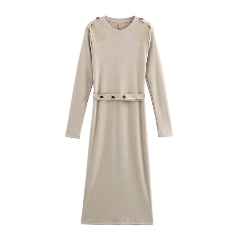 Kaslead New Arrival Women's Clothing Fashion Style with Belt Rib Long Sleeves Round Neck Midi Skirt Dress 5644990