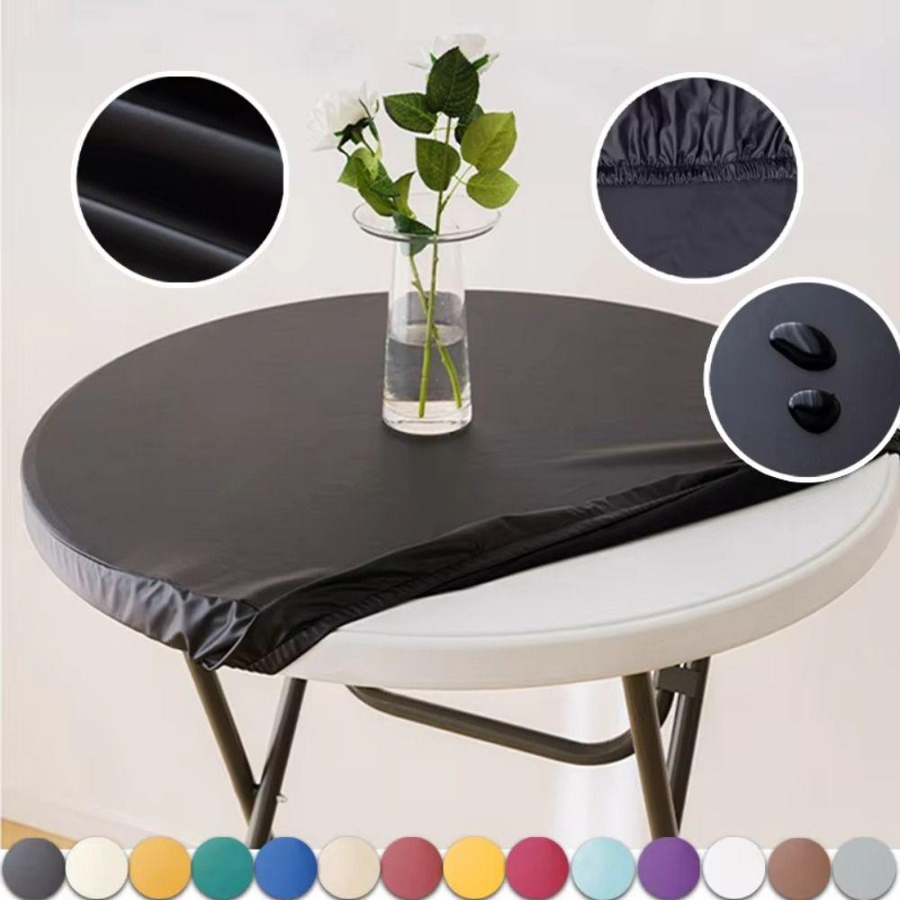 PU Leather Stretch Tablecloth Oil Proof 60/80cm Round Table Cover Elastic Edged Stretchable Elastic Table Cover Dining Table